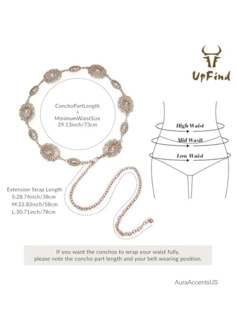 Western Metal Chain Belt Concho Cowgirl Waist Link for Jeans Dresses Concert